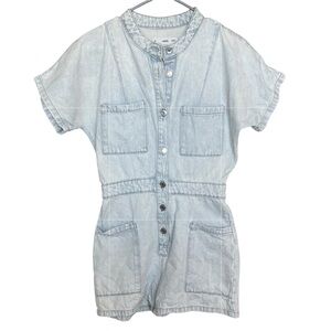 Mango 100% Cotton Light Wash Denim Romper Front Pockets Size Small
